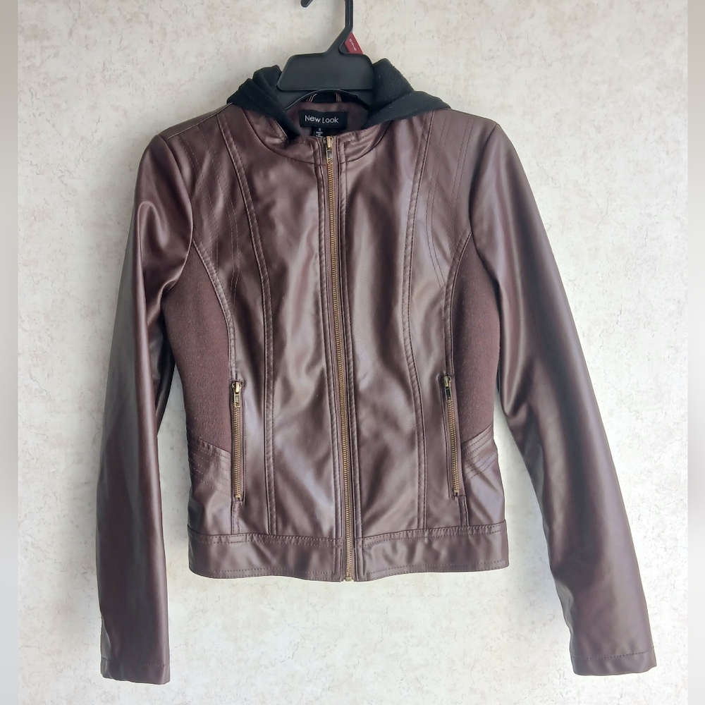 New Look Women's Mahogany Brown Faux Leather Jacket with Hood